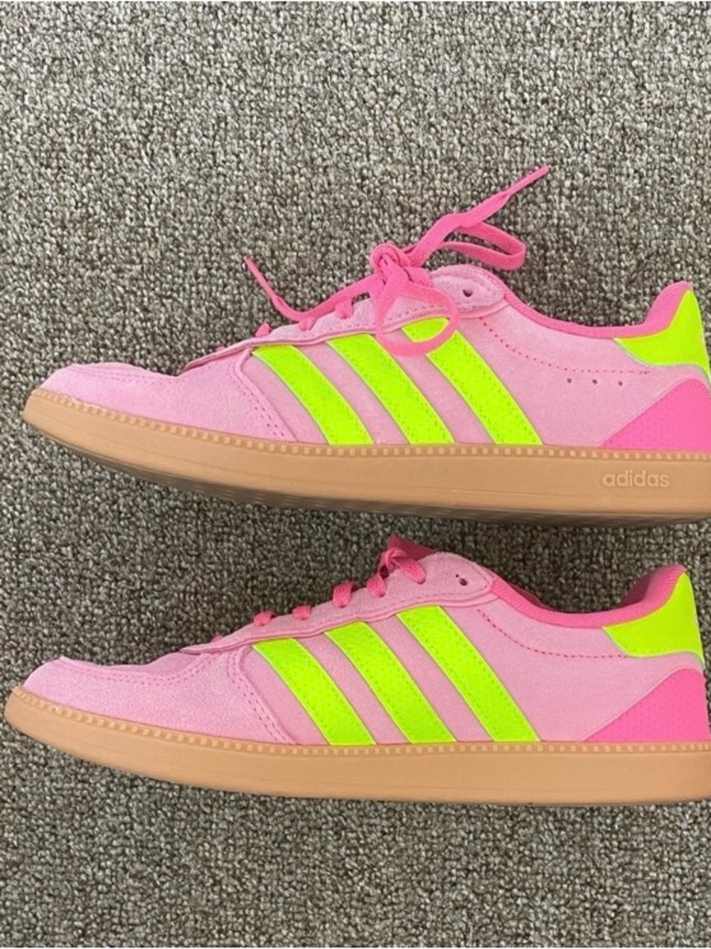 adidas Pink and Neon Yellow Women's Suede Sneakers - Picture 4 of 9